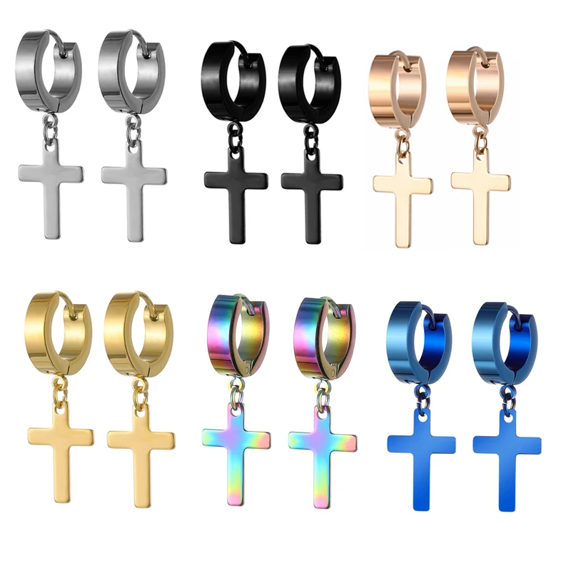 Punk Earrings Men Stainless Steel Dropping Earrings Black/Gold Cross Gothic Rock Earrings for Women boucle oreille femme 2023