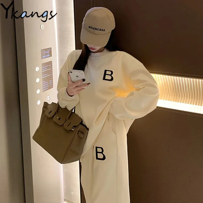 Korean Style Alphabet Embroidery Women Round Neck Pullover Fashion Retro Loose Trousers Harajuku Style Casual Ladies Sports Suit