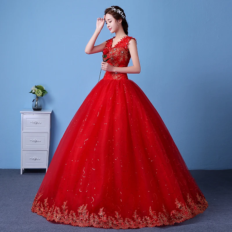 AnXin SH-vestido de novia de lujo con flores rojas, vestido de princesa vintage con cuentas, cuello en v, flor de cristal, vestido de baile de encaje blanco, vestido de novia personalizado