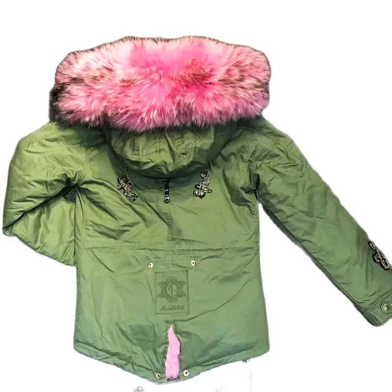 Army Green Parka Lovely Pink Lining Coat For Girls Beading Garment With Pink Collar Fashion Winter Outwear