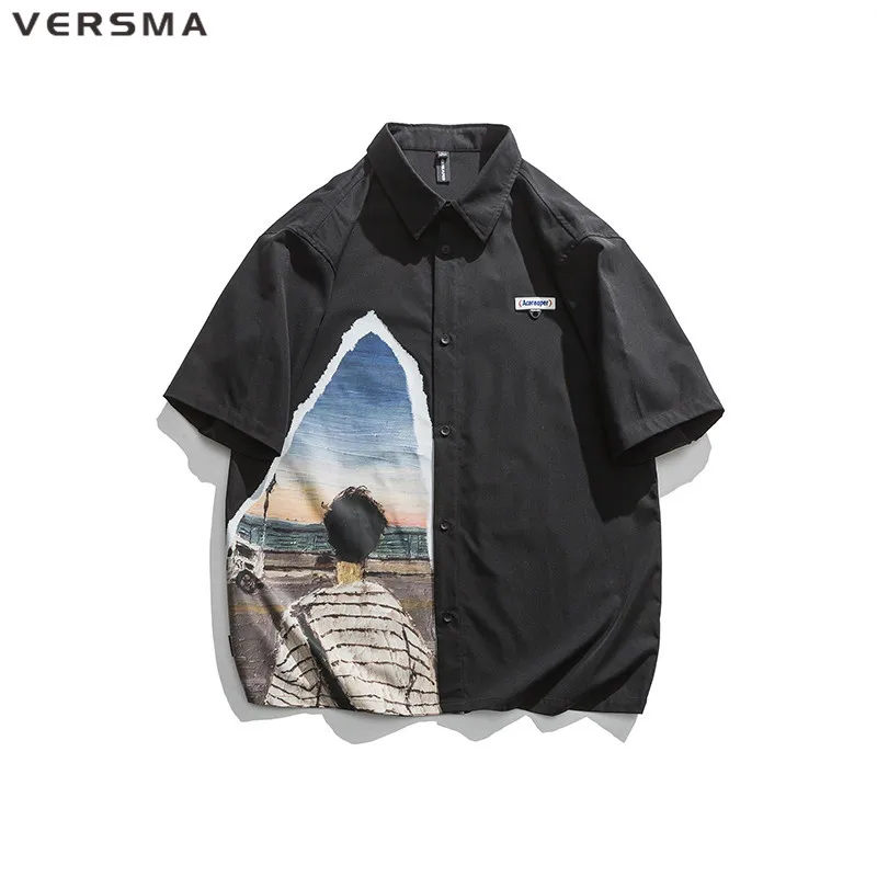 

VERSMA Korean Ulzzang Graffiti Printed Vintage Clothes Shirt Men Short Sleeve Hip Hop Hawaiian Shirt Men Women 5XL Dropshipping