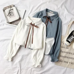 Flare Sleeve Women Shirt 2020 Spring Autumn Korean Sweet Bow Tie College style Blouse Shirts Elegant Women Blouses Casual Tops