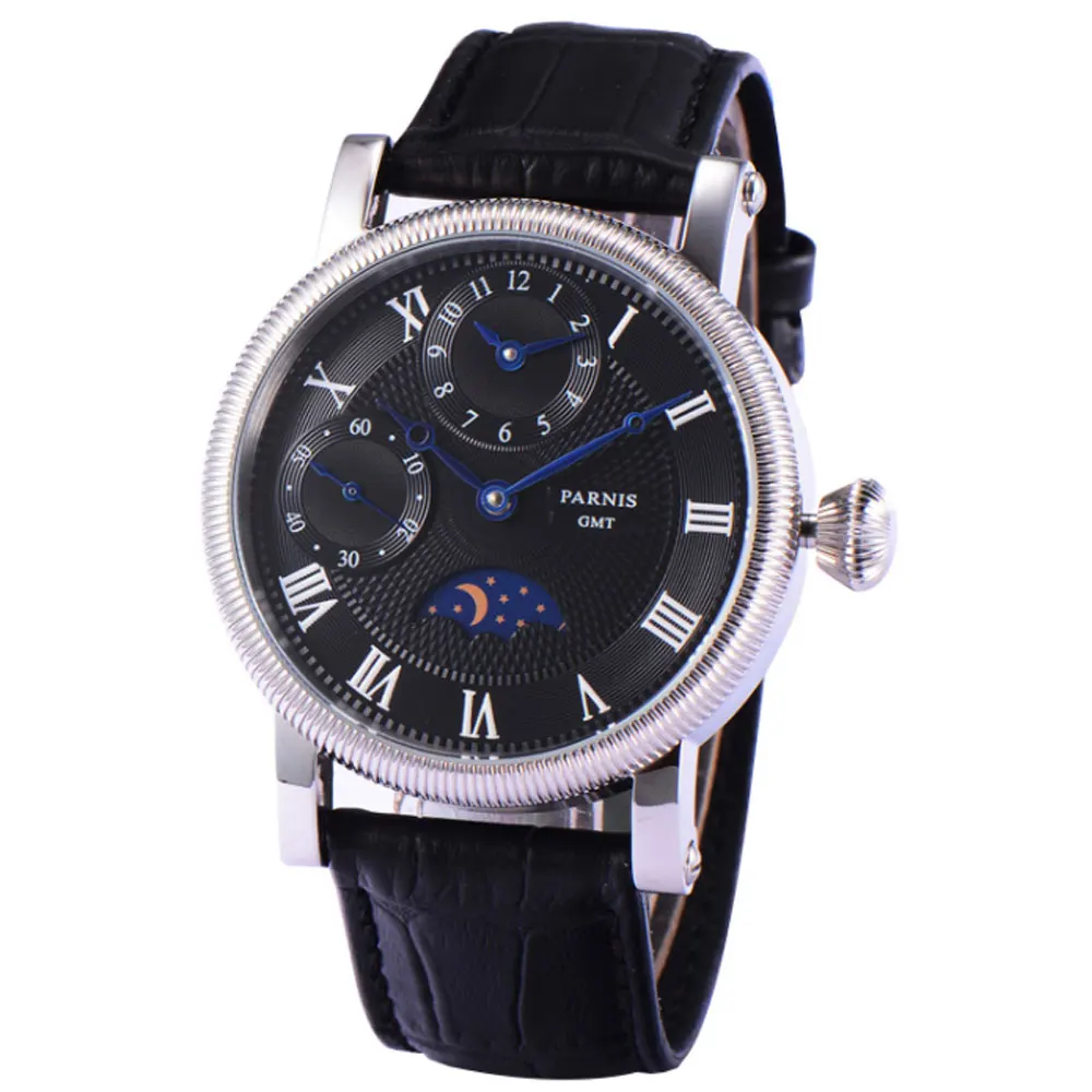 Imagem -04 - Parnis 42 mm Gmt Relógio de Pulso Masculino Mão-enrolamento Movimento Dia Noite Idicator Branco Preto Rosa Dial Pulseira de Couro Pequeno segundo