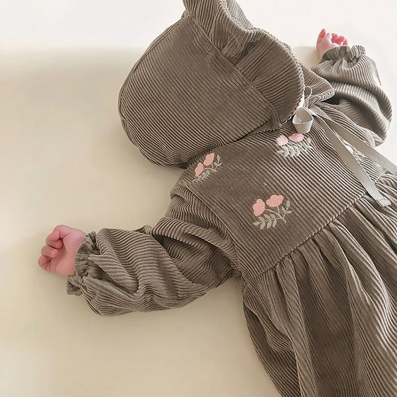 MILANCEL 2023 Vintage Embroidered Baby Bodysuit Corduroy Baby jumpsuit With Hat