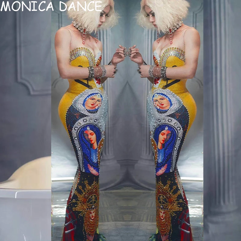 

Sexy Stage Colorful Pearl Rhinestone Dress Women Sleeveless 3D Print Bodycon Singer Nightclub Prom Birthday Party long Dresses