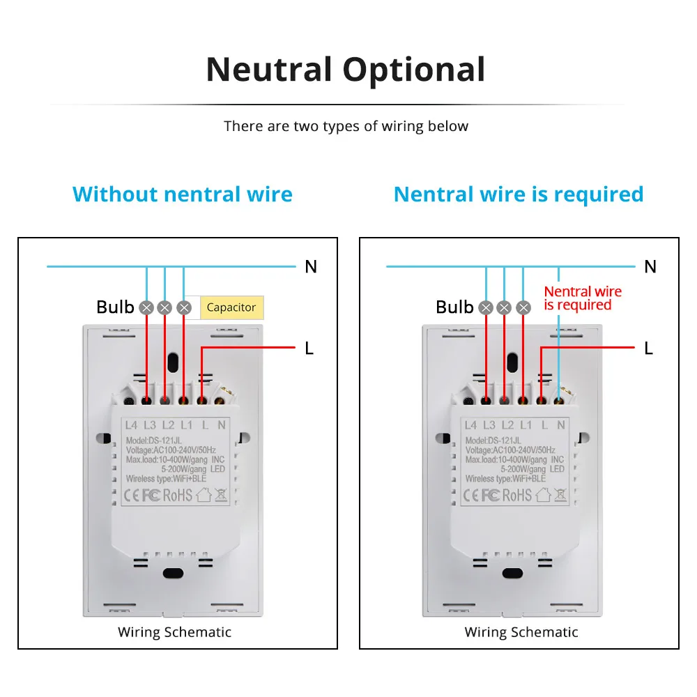 Zemismart US Tuya WiFi Light Switch Neutral Optional Wire 1 2 3 Gang  Alexa Google Home Assistant Smart Life Control 100v 240V