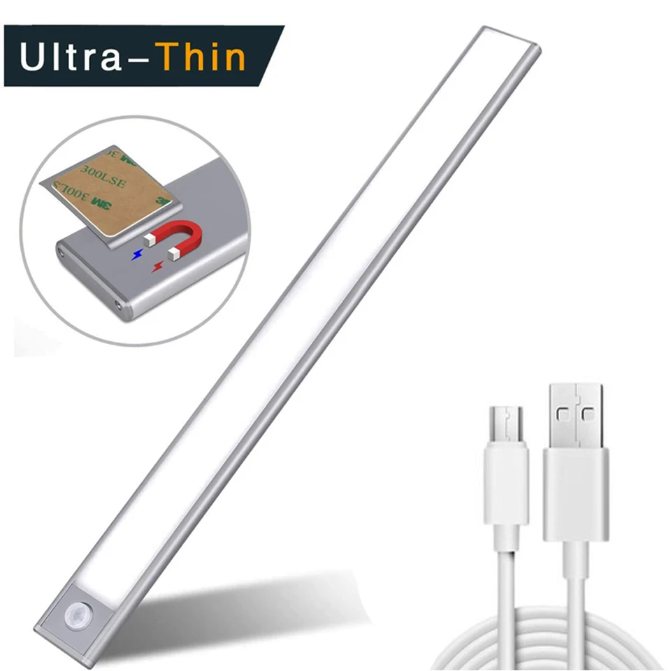 

Ultra-Thin 12/20/40cm LED Under Cabinet Lights PIR Motion Sensor Night Light USB Rechargeable Lamp For Kitchen Wardrobe Closet