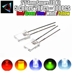 100PCS/LOT 2*3*4mm Square LED Kit Transparent Light-emitting diode Kit 2X3X4 LED Diode Red Yellow Green Blue White 5 Colors