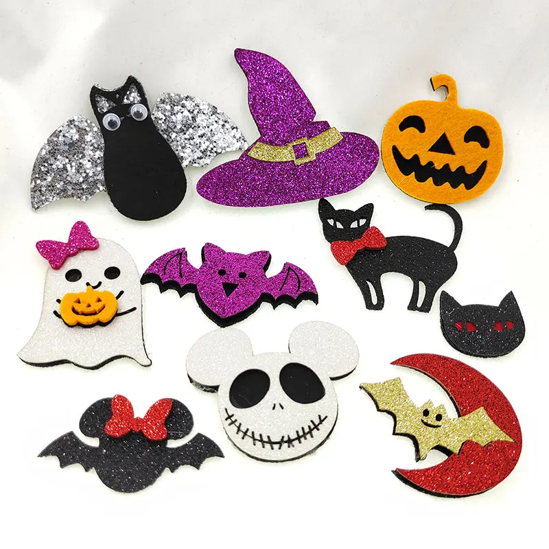 20pcs Glitter Halloween sould bat pumkin Padded Appliques Santa Claus Children Hair Accessories For Sewing Supplies DIY Craft