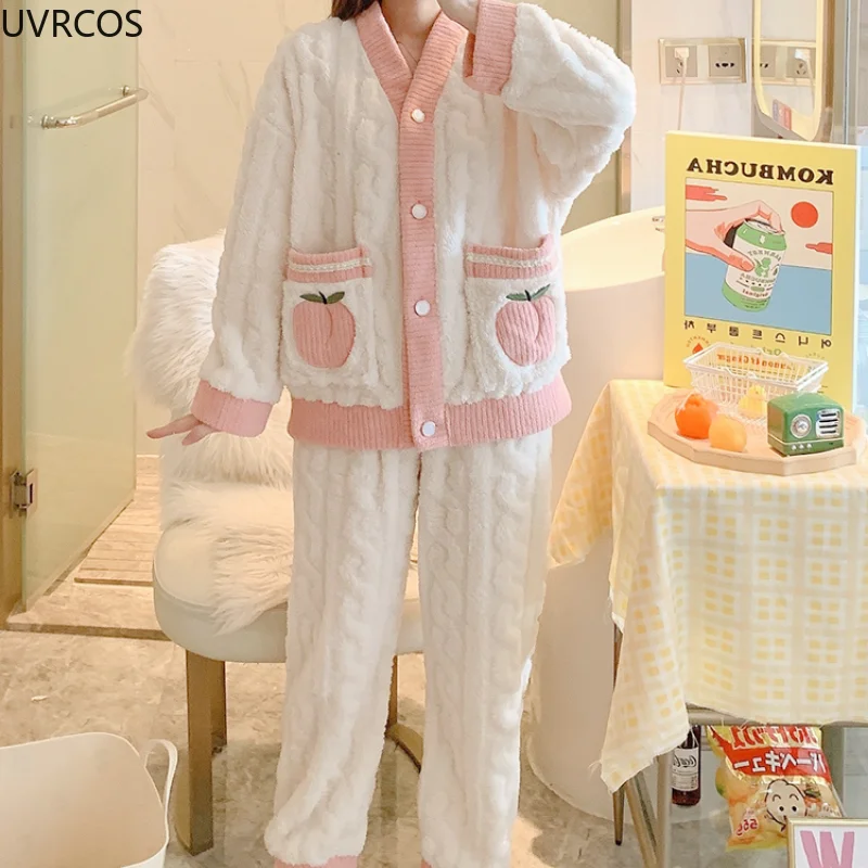 Sweet Lolita Princess Pajamas Set Women\'s Cute Embroidery Peach Pattern Coral Fleece Warm Sleepwear Girls Home Clothes Pyjamas