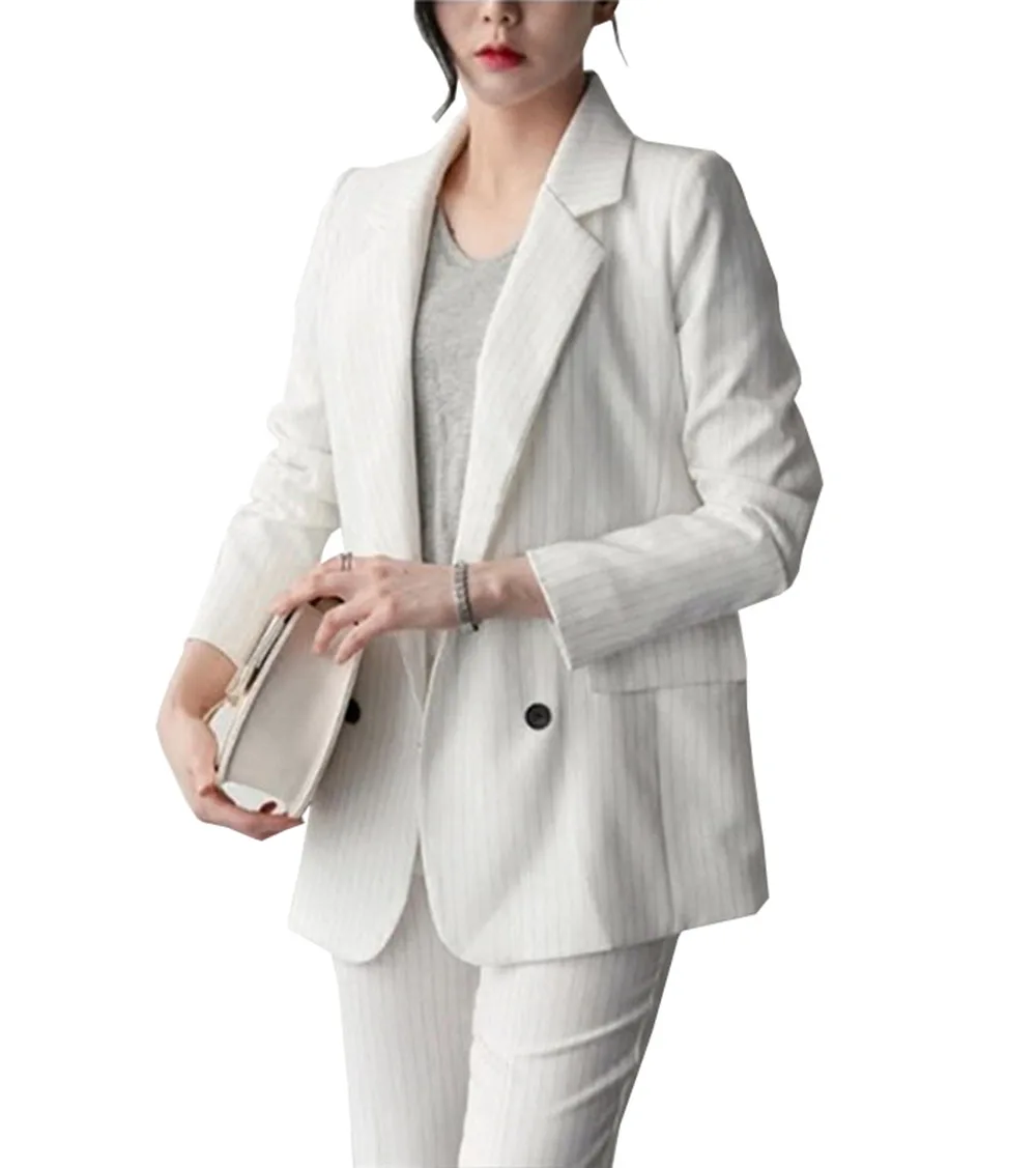 

Women Suits 2 Piece Autumn Work Fashion Pinstripe Outfit Blazer V Neck Tuexdo Prom Party Lady Suit (Jacket+Pant)