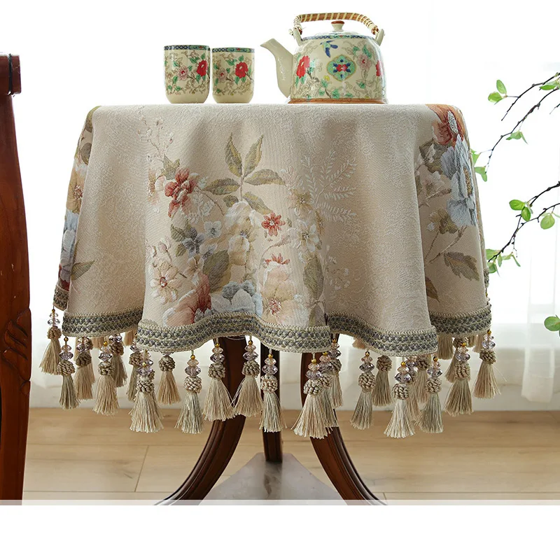 

Elegant Floral Small Big Round Dining Table Cover with Tassels Beige Party Coffee Tablecloth for Round Table Decorative Jacquard