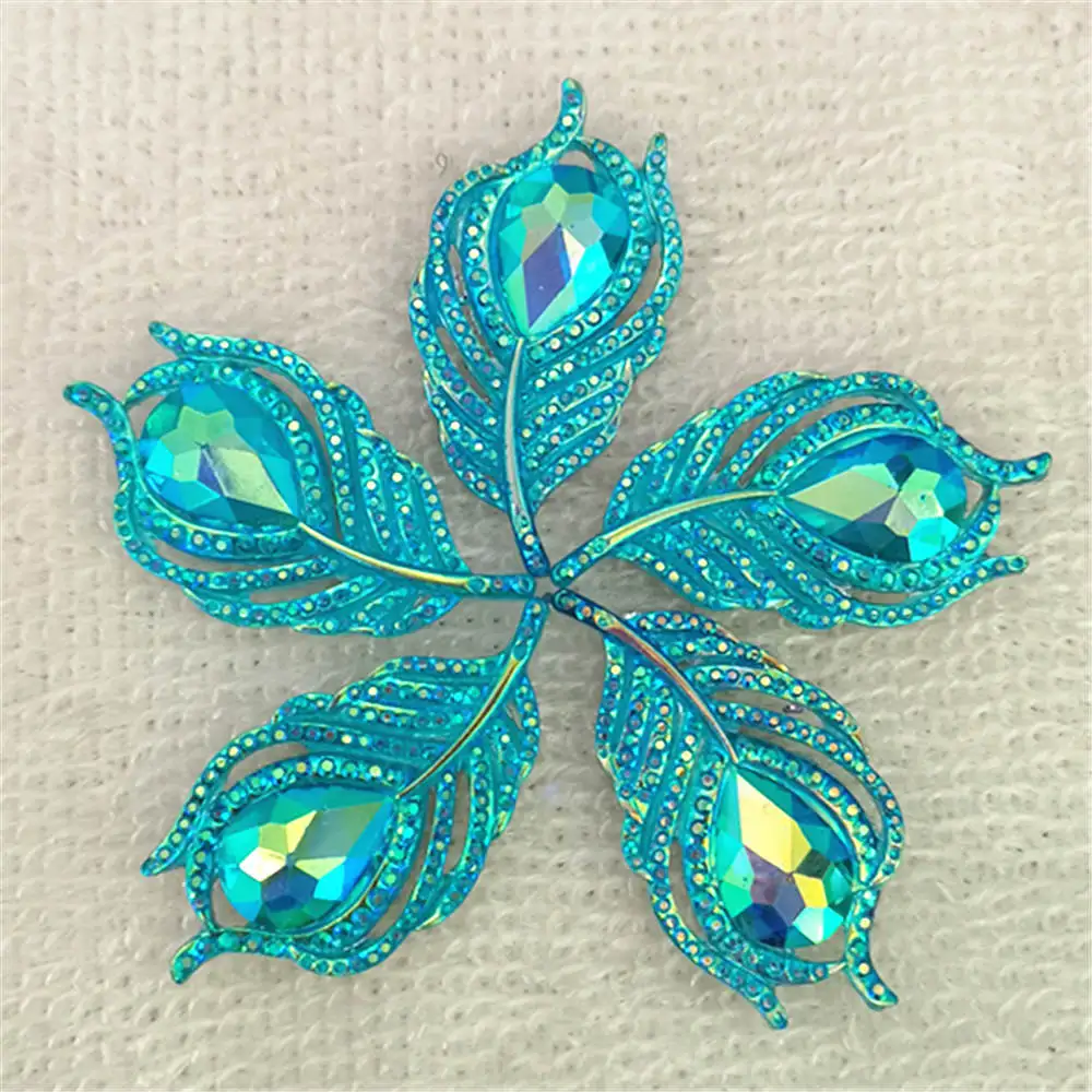 Hot 6PCS 20*38mm AB Resin 3D Peacock Feathers Flatback Rhinestone Wedding DIY Buttons