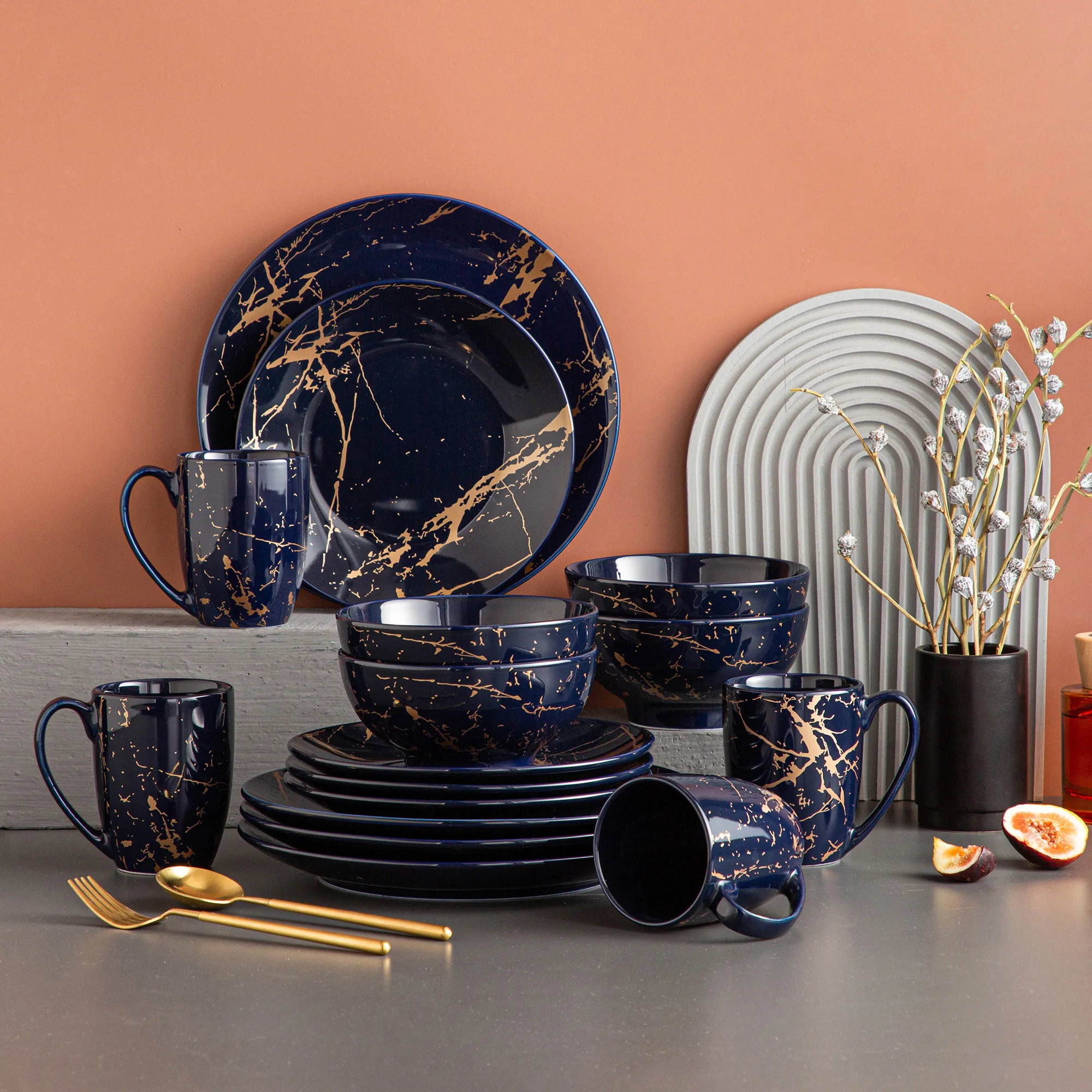 LOVECASA Dark Blue 16/32/48 Piece Procelain Tableware Set Design By Gold Splash with Dinner Plate,Cake plate,Bowls,Coffee Cups