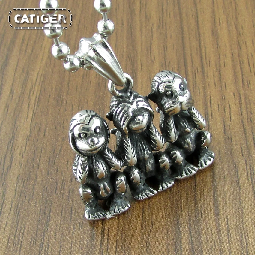 Fashion316L Stainless Steel Three Monkey Necklace Classic animal Simian Pendant Jewelry