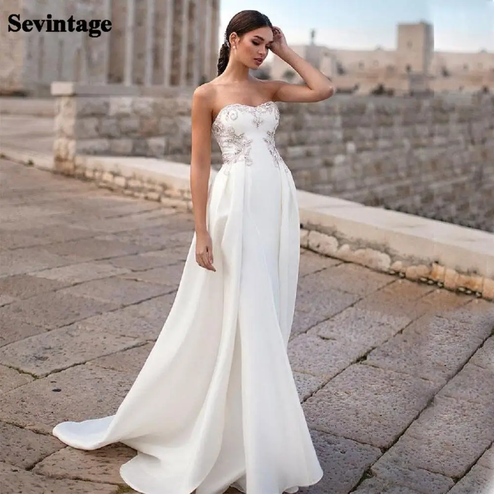 Abiti da sposa da spiaggia in raso morbido avorio una linea che borda abito da sposa Boho Sweetheart abiti da festa Vintage 2021