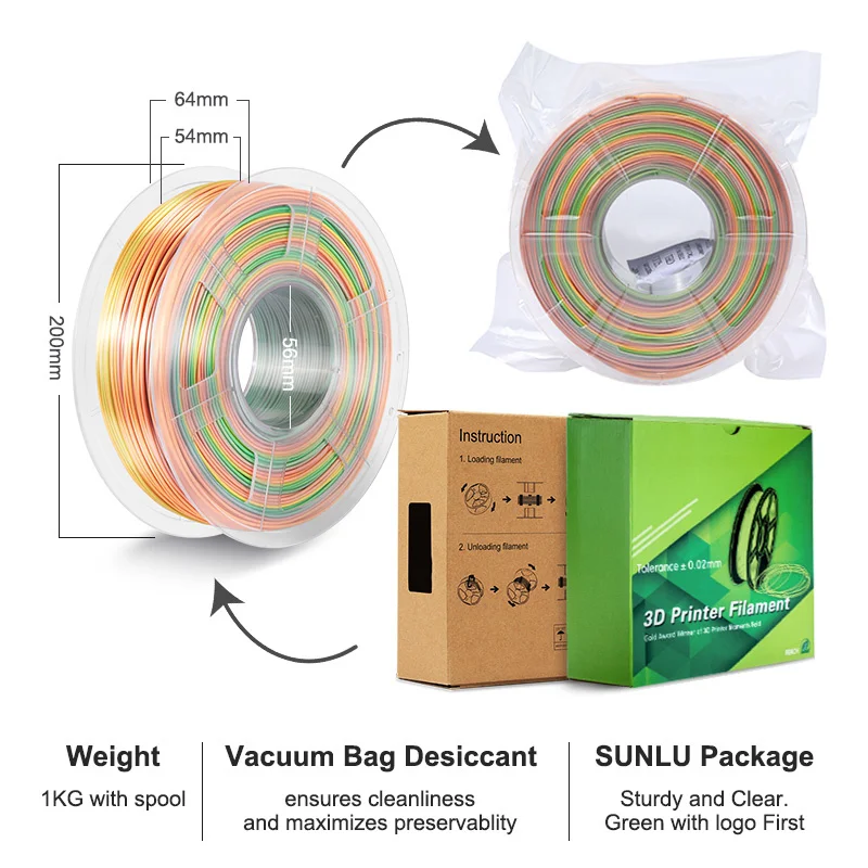 SUNLU SILK Rainbow 1.75MM 1KG*2Rolls Close To SILK Texture Effect Bright Color No Bubble For All Types Of FDM 3D Printers