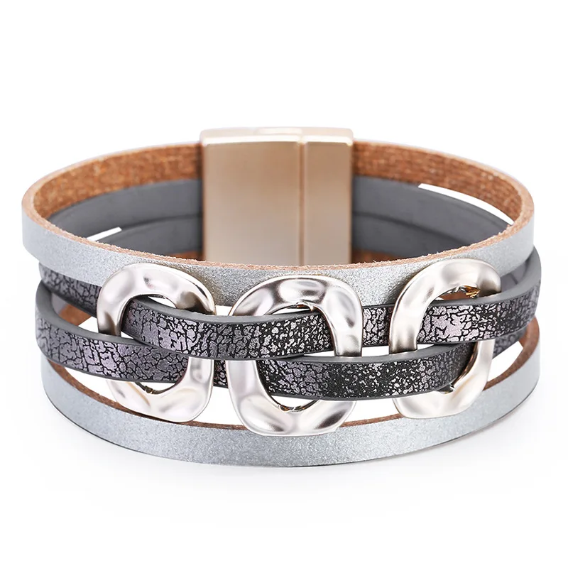 European And American Original Pop Atmospheric Pu Leather Multi-layer Magnet Buckle Hand Woven Bracelet Square Lady Jewelry