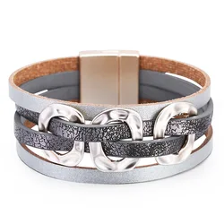 European And American Original Pop Atmospheric Pu Leather Multi-layer Magnet Buckle Hand Woven Bracelet Square Lady Jewelry