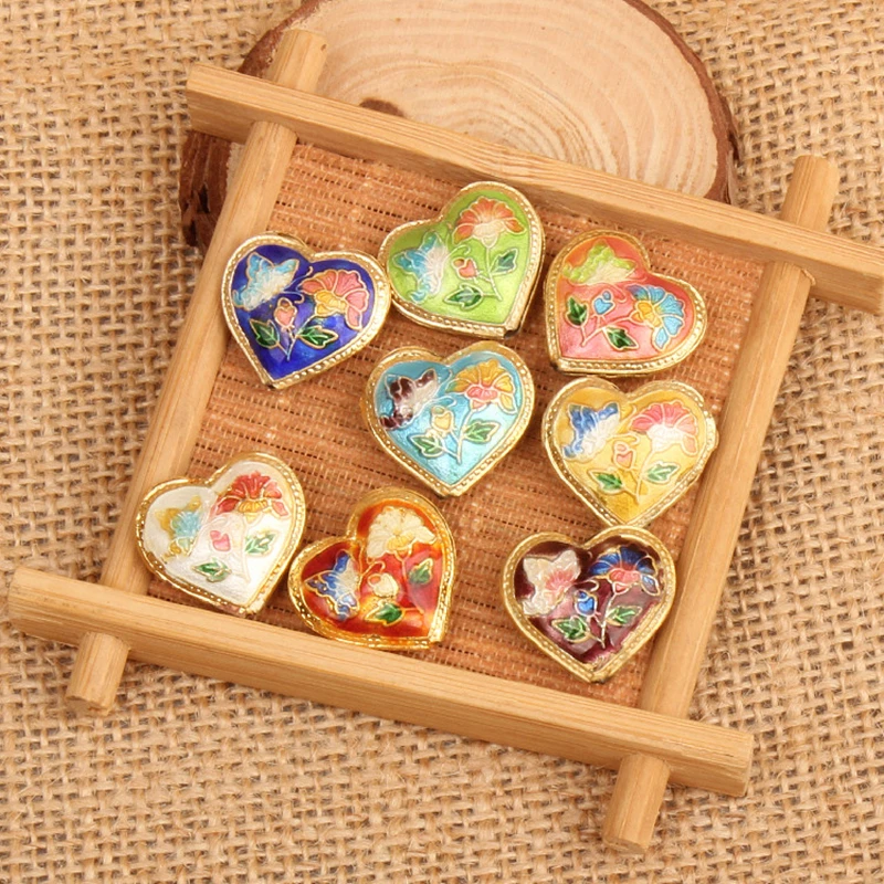 5pcs Handmade Fancy Enamel Heart Love Beads Cloisonne Filigree Accessories DIY Jewellery Making Pendants Earrings Bracelet 5pcs