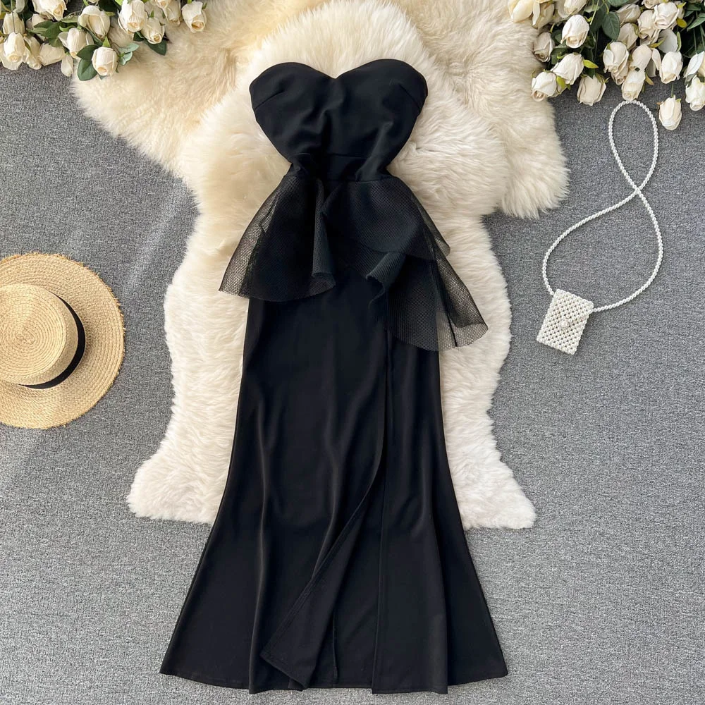 

Sexy Women Strapless Long Dress Black Sleeveless Slim High Waist Mesh Patchwork Ruffles Split Evening Party Mermaid Dress Robe