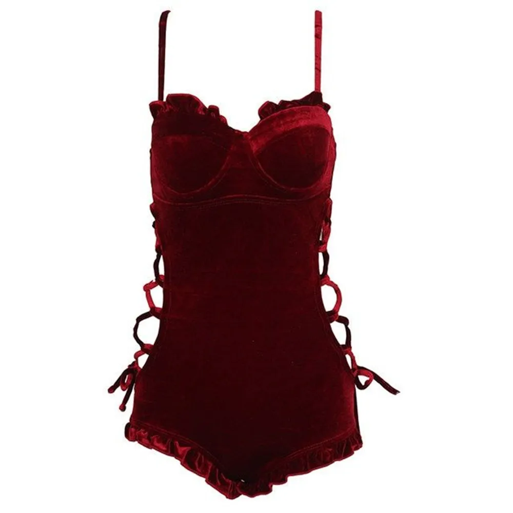 Retro Red Velvet One-Piece Swimsuit, Sexy Suspenders, Bikini, Slim, New, Summer