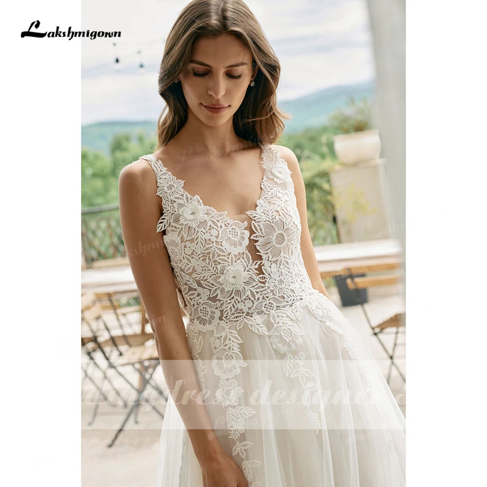 Robe de mariée Vintage style Boho, en Tulle, ivoire, ligne a, avec bretelles florales 3D, pour la plage