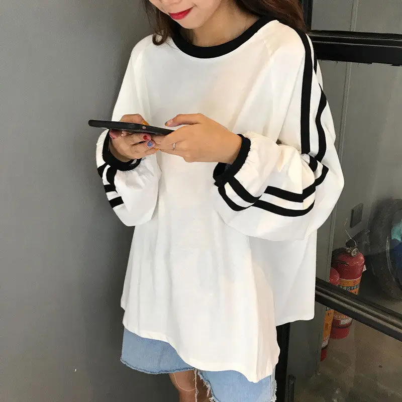 Long Lantern Sleeve T-shirts Women Breathe Spring Korean Style Patchwork Mujer All-match Casual Tops College Simple Daily Tees