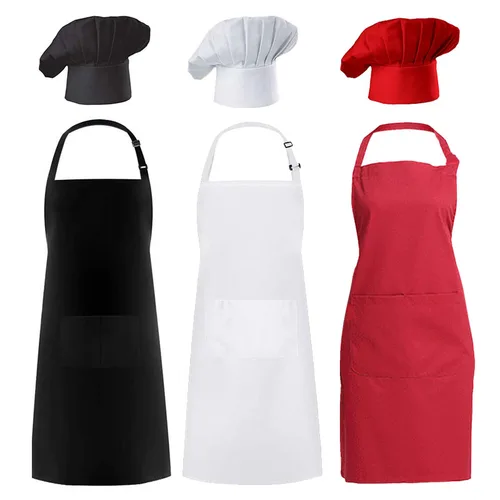 Imagen 1 del producto Delantal de Chef de longitud media para adulto, conjunto de gorro ajustable a rayas para Hotel, restaurante, Chef, camarero, delantal de cocina