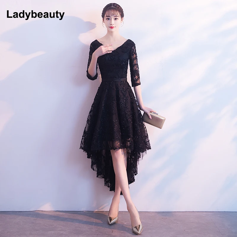 

Robe de soiree Black V-Neck Half sleeve lace vestido de festa evening dress Short Front Long Back Party Dresses prom dresses