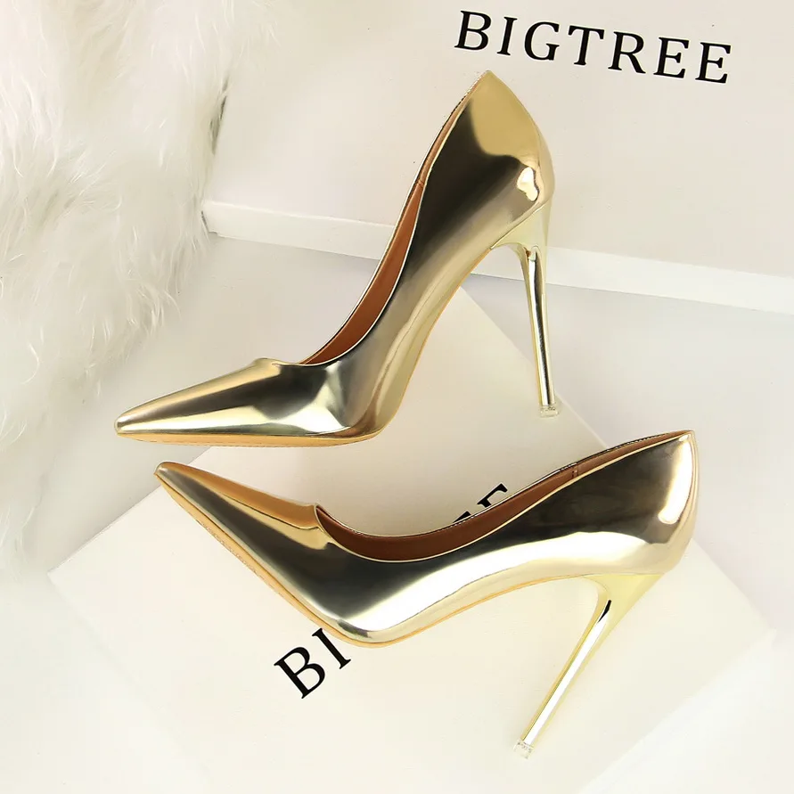 BIGTREE sepatu wanita hak 10.5Cm kulit paten modis, sepatu pump pernikahan stiletto mewah, sepatu jamuan makan ukuran Plus 42 43