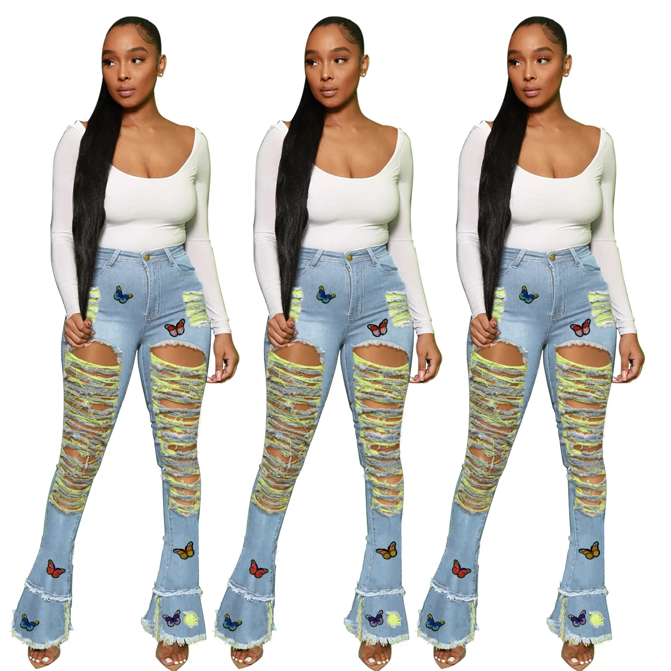 Sexy Hollow Out Big Ripped Jeans Women Fashion Butterfly Embroidery High Waist Bell Bottom Jeans Woman Skinny Tassel Flare Pants