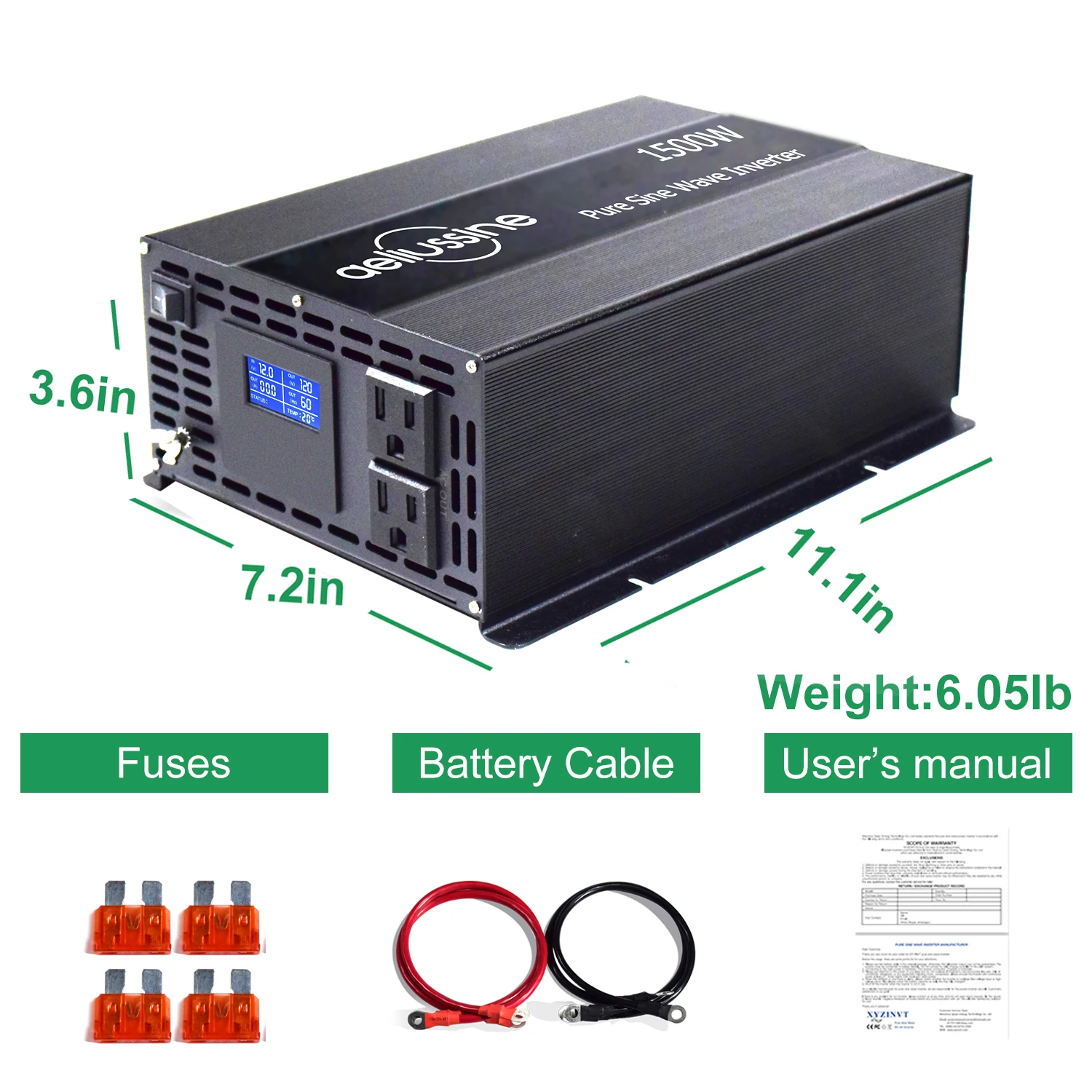 1500W Pure Sine Wave Inverter 12V/24V/36V/48V DC to 120V/220V/240V AC Battery Converter Solar Panel Power Inverter LCD Display