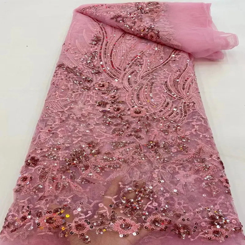 fashion pink african net lace french sequins fabric embroidery with beads 5 yards/piece nigerian tulle laces fabrics TS9480