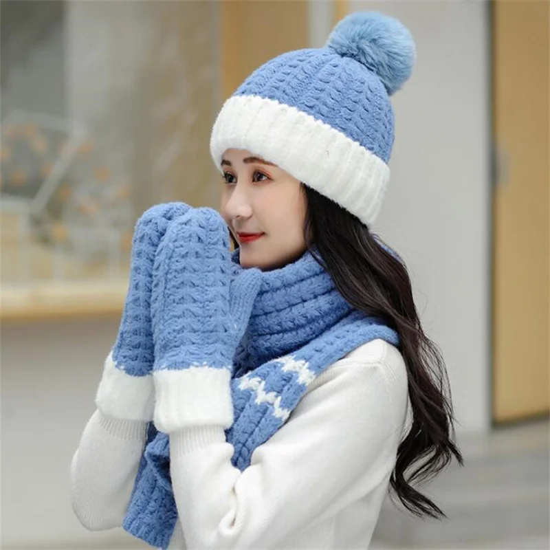 Fashion Women\'s Hat Scarf /Gloves Sets Autumn-Winter Female Thickening Three - Piece Knitted Caps Lady Warm Beanies Hat