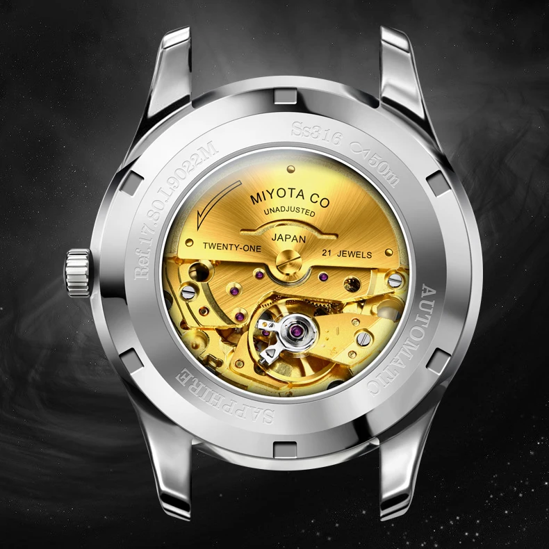 LOBINNI ผู้ชายหรูหรานาฬิกา Mens นาฬิกาอัตโนมัตินาฬิกาข้อมือ 50M กันน้ําสวิตเซอร์แลนด์ Sapphire สายเหล็ก