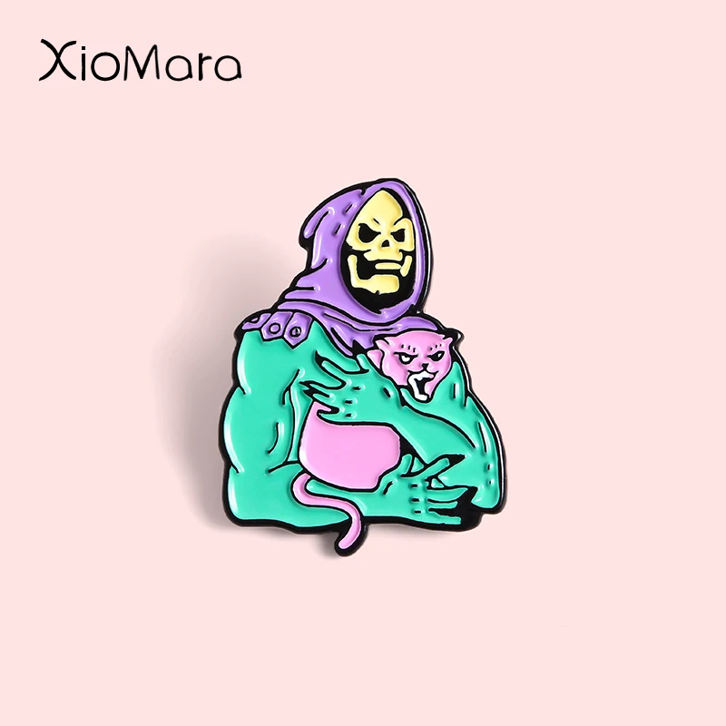 Skeletor Cat Enamel Pin Muscle He-Man Masters of the Universe Skull 80's TV Halloween Jewelry Brooch Lapel Pin For Friends