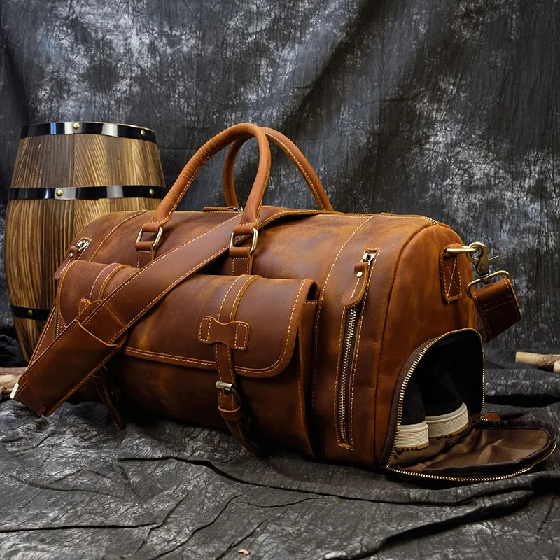 Bolsa de viagem de couro de vaca genuína para homens, mochila vintage, mala de ombro grande de fim de semana, cavalo louco