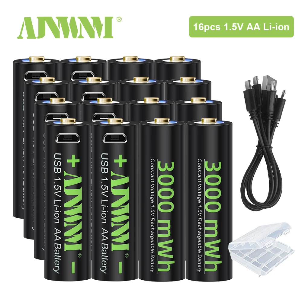 

AJNWNM Original 1.5V AA 3000mWh USB Rechargeable Lithium ion Battery For flashlight Electric Mouse Toy Battery + Cable