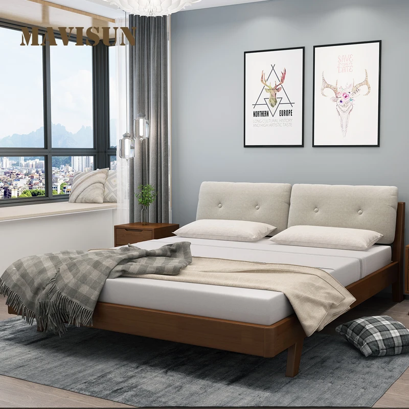 Nordic Minimalist Solid Wood Bed Master Bedroom Tatami Small Apartment 1.5m Single Double 1.8m With Soft-Packed Bed