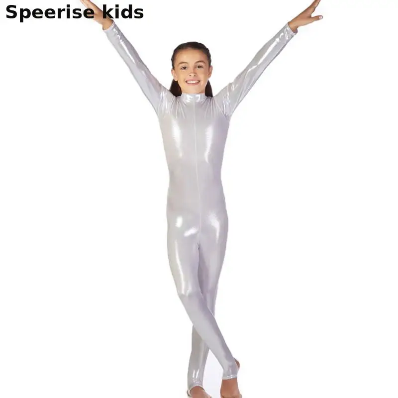 Speerise Kids Shiny Spandex Bodysuit Stirrup Second Skin Metallic Nylon Catsuit Zentai Unitard Long Sleeve Gymnastics Sportswear