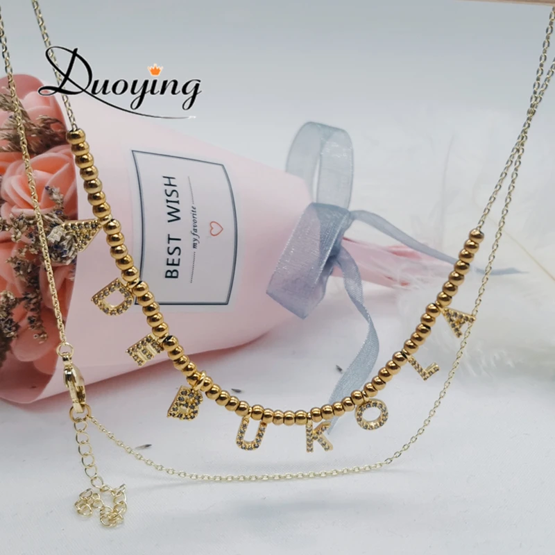 DUOYING 6 mm Pave Letter Necklaces Personalized Custom Name Jewelry Necklaces for Gift Unique Letter 3 mm Balls Necklaces Gifts