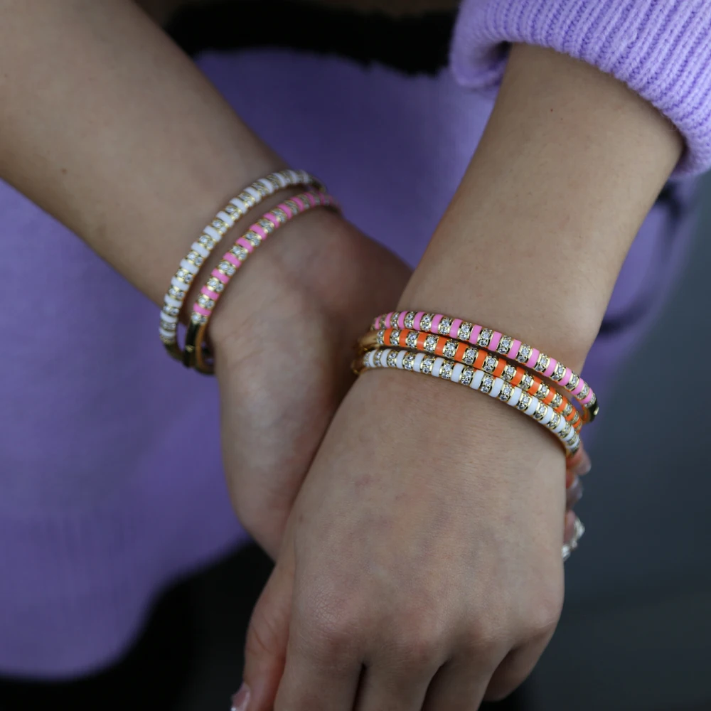 Gold Color Black White Pink Orange Enamel Clear CZ Colorful Fashion Women Bangle Bracelet 2021 New