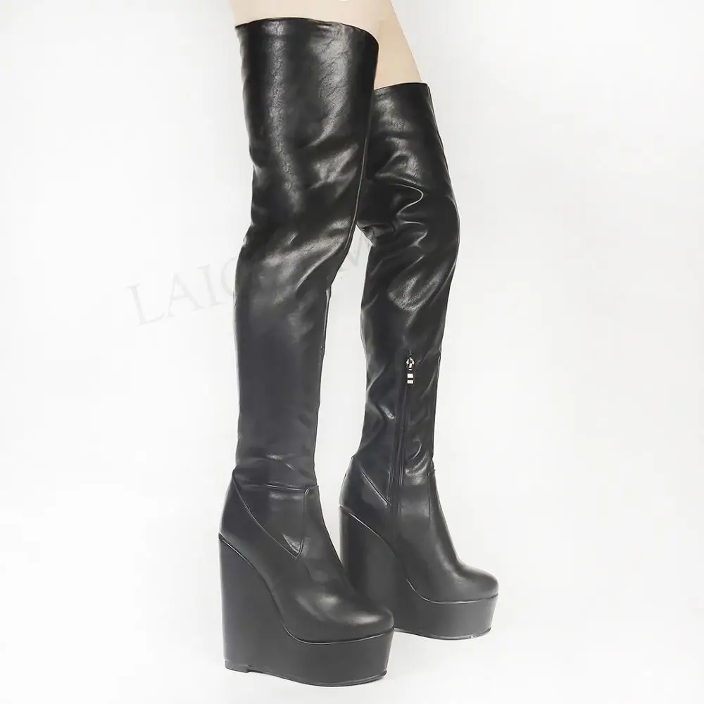 LAIGZEM Women Over Knee High Platform Wedge Boots Faux Leather Zipper Heels Boots Botines Mujer Large Size 44 46 47 50 52