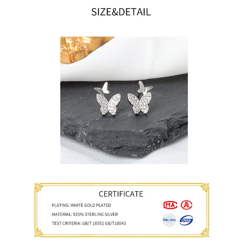 925 Sterling Silver Irregular butterfly zircon Style Small Stud Earrings for Women Sterling Silver Jewelry