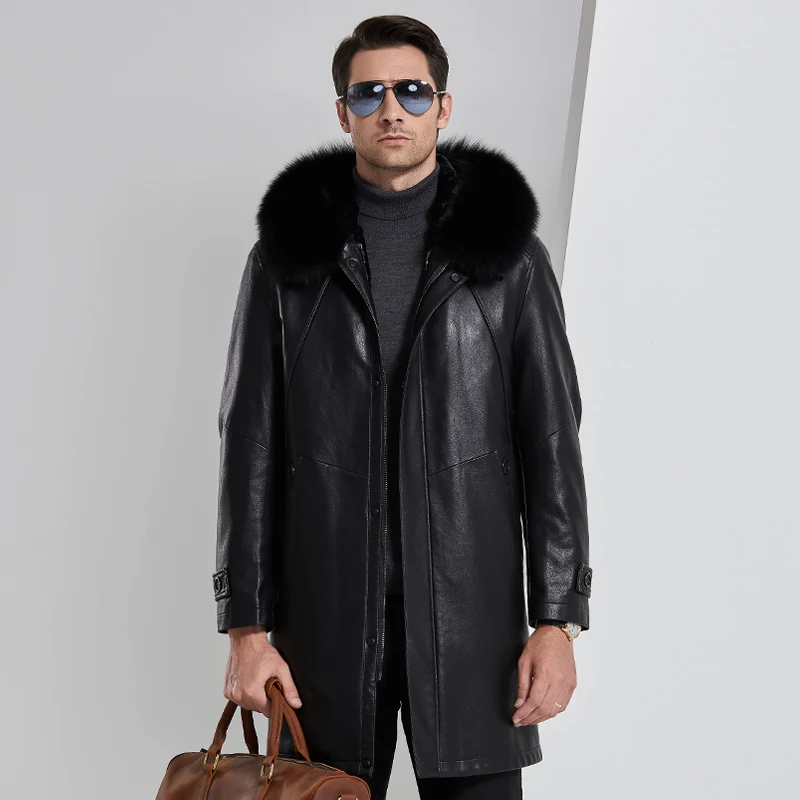 2021 New Winter Mens Clothing Hooded Black Leather Long Sleeve Casual Fit  Office Thicken Natural Fur Coat Business Jacket Parka