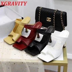 XGRAVITY Famous Pop Stars Ladies Shoes Square Toe Open Toe Women Thin High Heel Shoes Sexy Ladies Slippers Leisure Slides Sexy