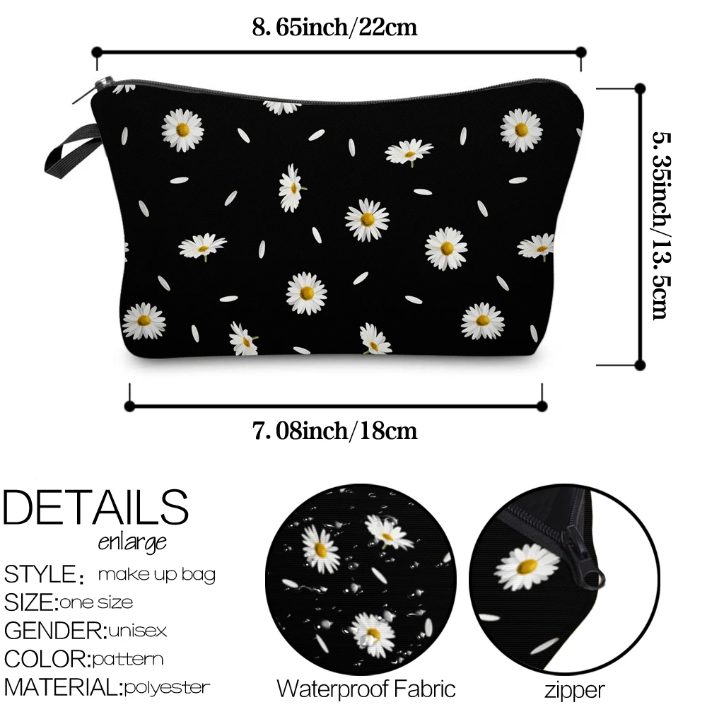 Deanfun Women Cosmetic Bags stampa Fashion Daisy Pattern borse per il trucco Black Travel Organizer borsa da toilette regalo 52366