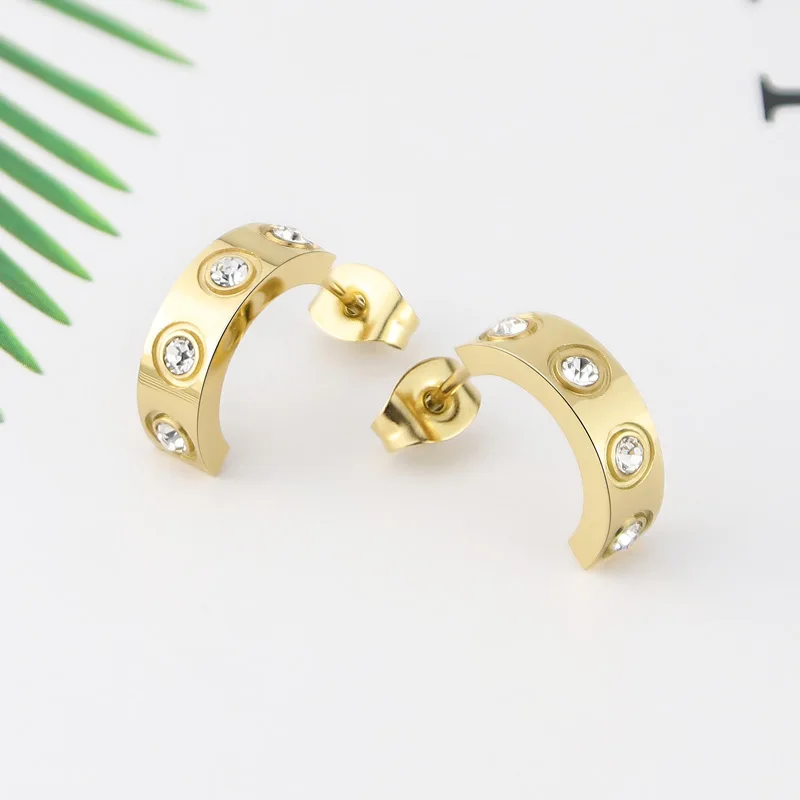 Fashion New Stainless Steel C-shaped Four Crystal Earrings Unisex Love Gift Party Wholesale Jewelry