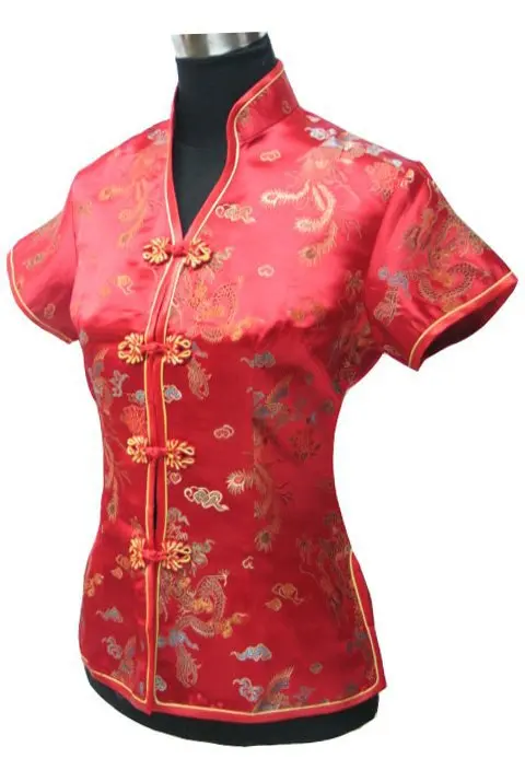 Promotion Blue Chinese Style Women Summer Blouse V-Neck Shirt Tops Silk Satin Tang Suit Top S M L XL XXL XXXL JY0044-4